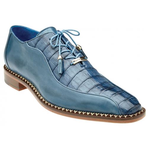 Belvedere "Gabriele" Antique Blue Jean Genuine Alligator / Italian Calfskin Lace-up Shoes B04.